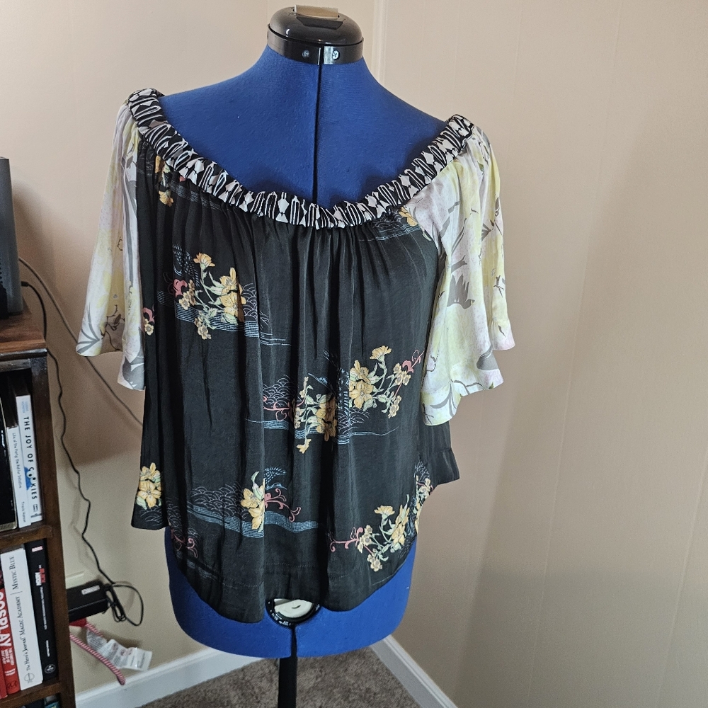 Free People Medium Babydoll Top Floral Koel Satin Off The Shoulder Flowy